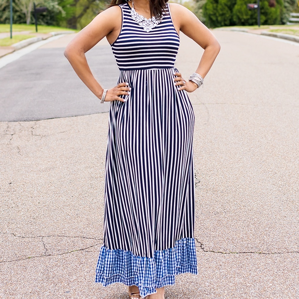 NEW Blue/White Striped Maxi Dress Gingham Hem